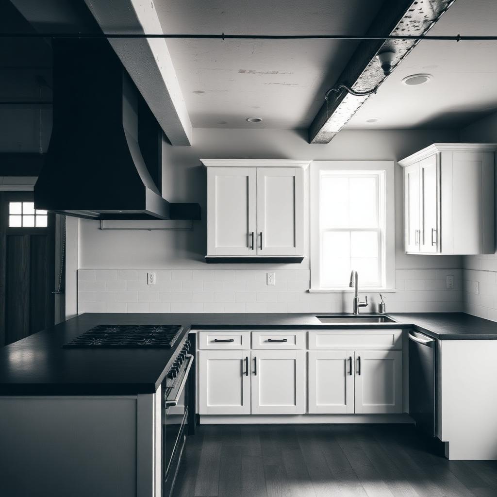 Completed kitchen remodel with white shaker cabinets, dark counters, and a farmhouse window