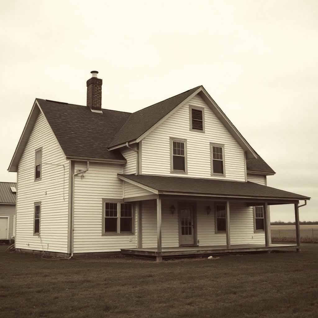 Rural Iowa farmhouse exterior with a completed addition tied into the original structure