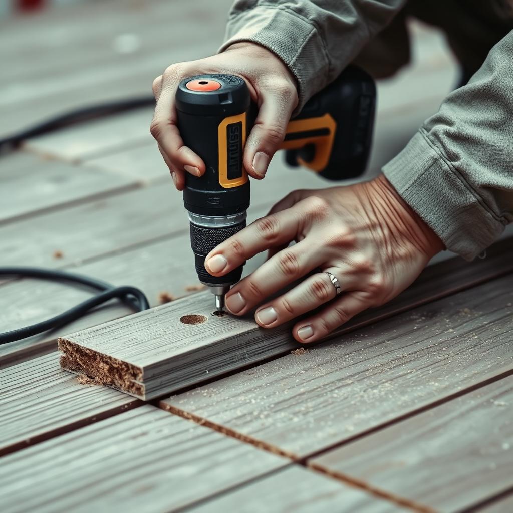 Close-up of a carpenter drilling composite deck boards into place