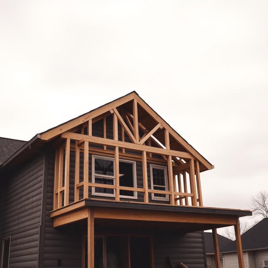 Newly framed second-story addition on a residential home under overcast Iowa sky