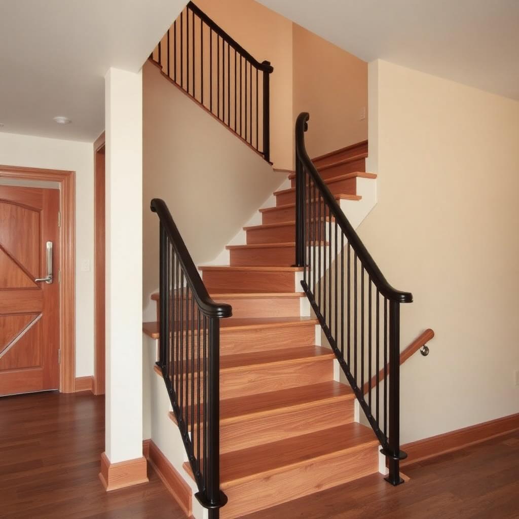 Finished interior staircase with wood treads and black metal balusters in a home remodel