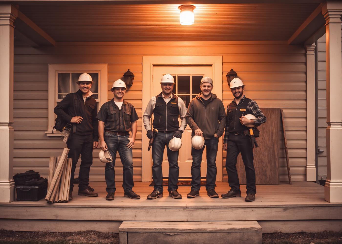 EZ Construction crew standing on the porch of a completed farmhouse renovation at end of day