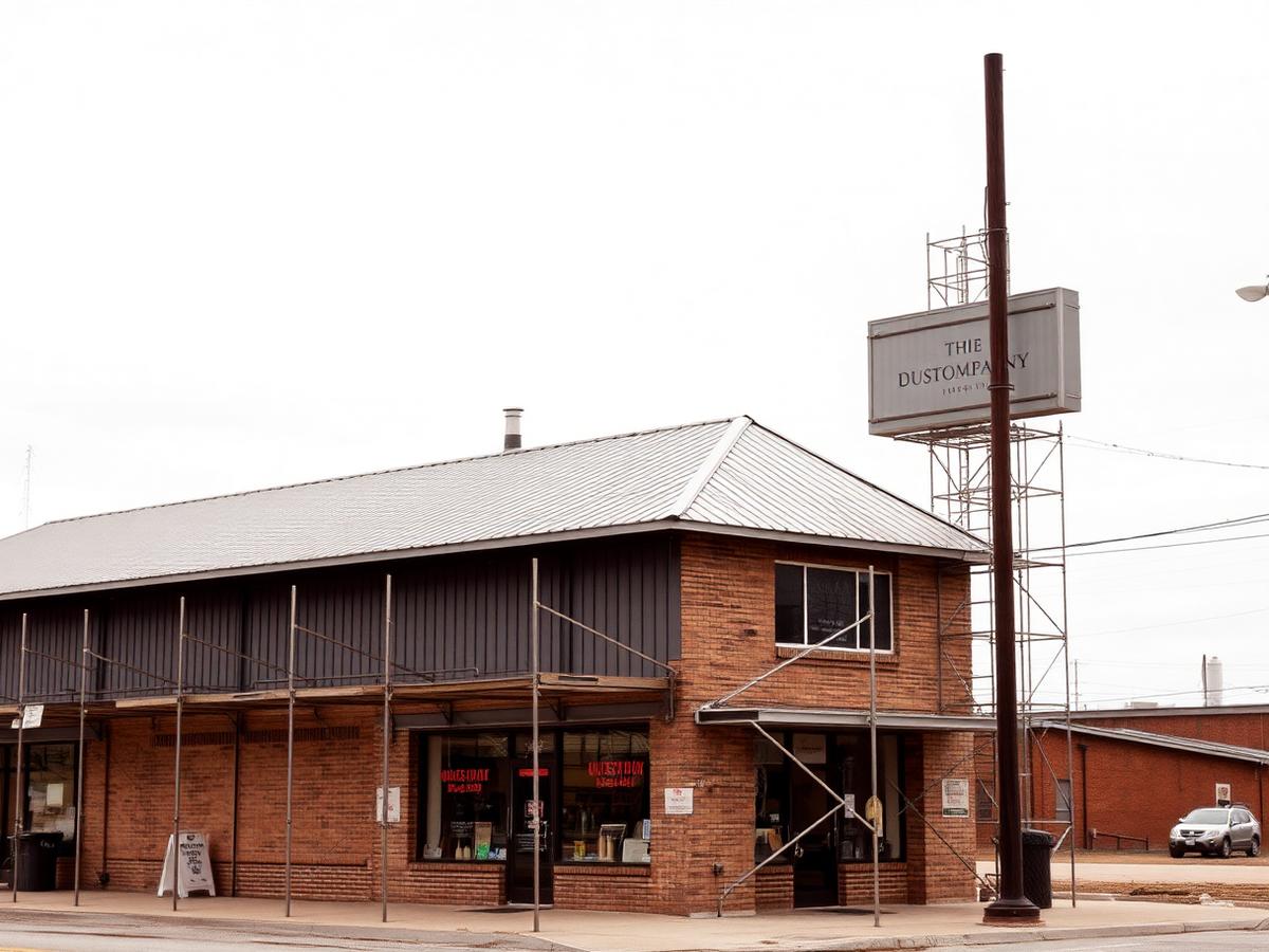 Small commercial building under renovation with scaffolding along a brick and metal facade