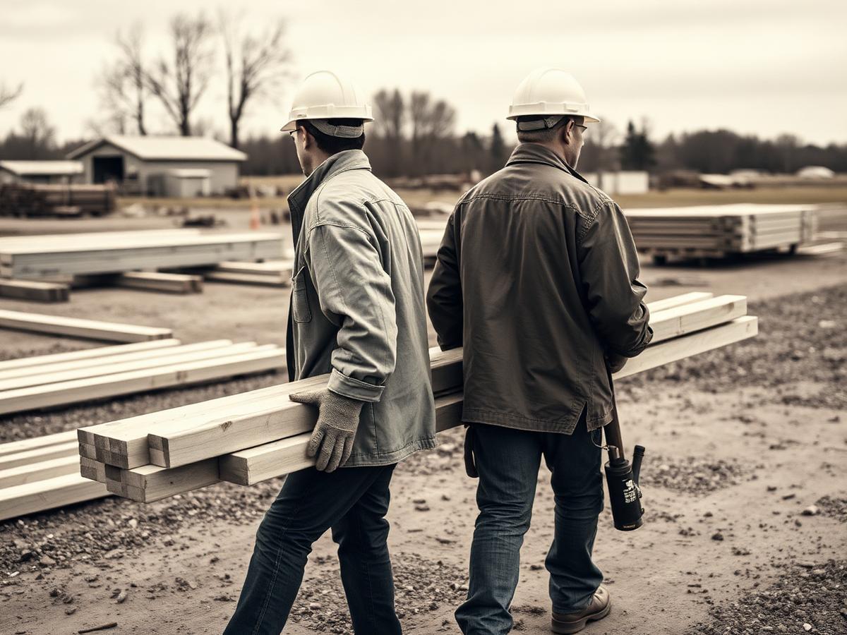 Two crew members carrying dimensional lumber across a jobsite in eastern Iowa