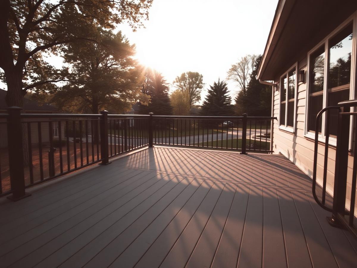 New composite deck with dark boards and black aluminum railings on the back of a residential home