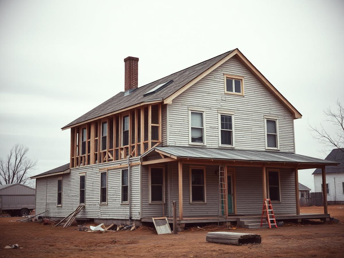 Renovation-in-progress on an older Iowa farmhouse with a new addition being tied into the original structure